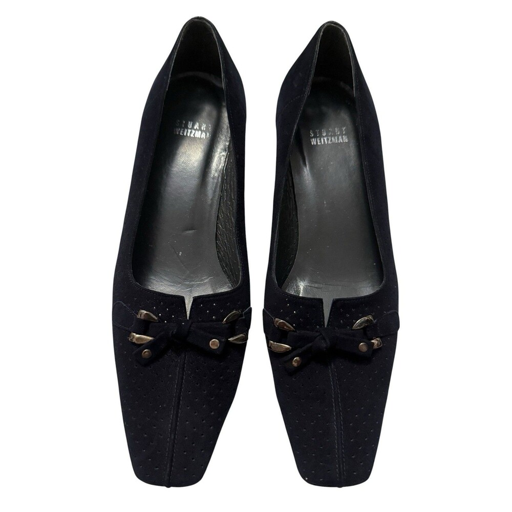 Stuart Weitzman Vintage Black Suede Bow Square Toe Kitten Heel Pumps Spain 9